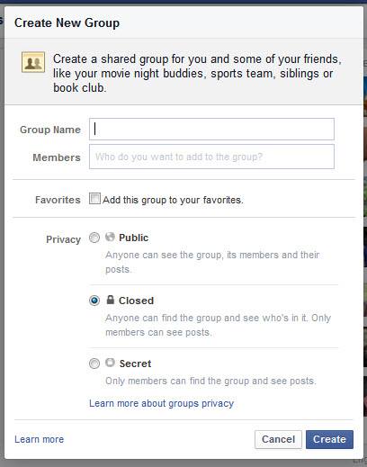 Groups can be set to Public, Closed, or Secret.