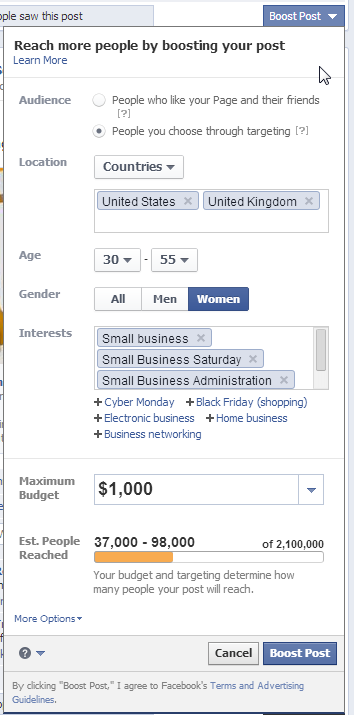 Facebook Boosting a post with targeting