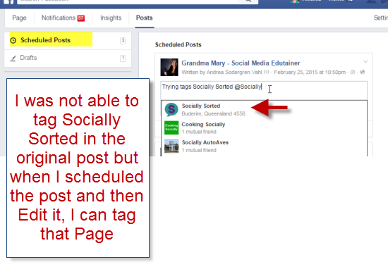 Scheduled Facebook post with tag