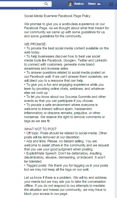 Social Media Examiner Facebook Page policy