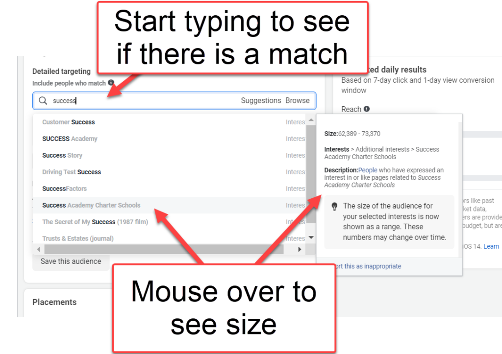 Type Facebook Page name in Detailed Targeting