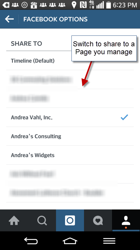 Switch Instagram to share to Page