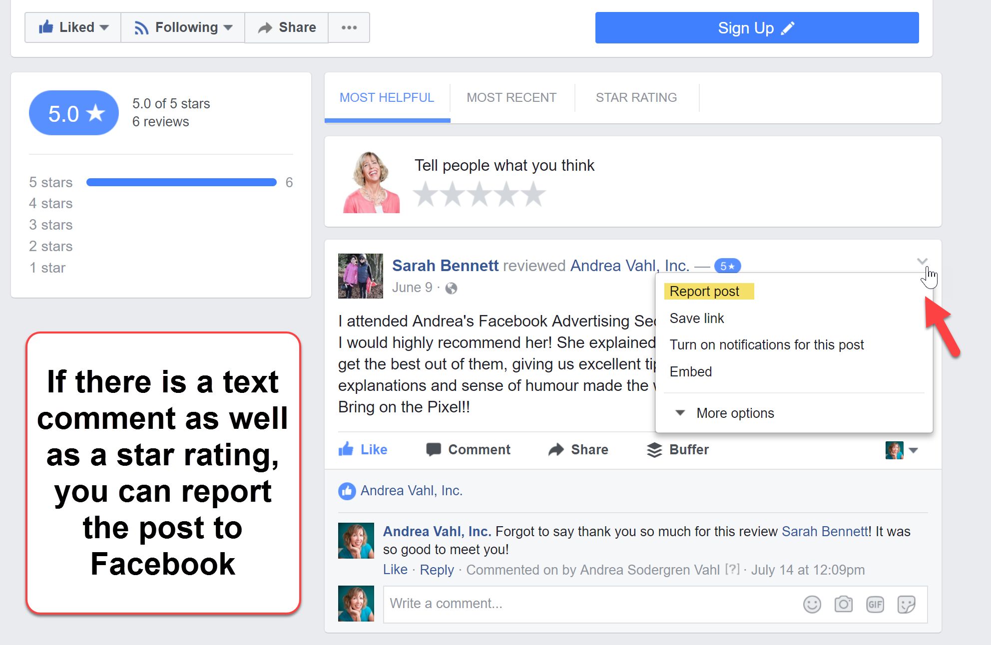 Report a review to Facebook