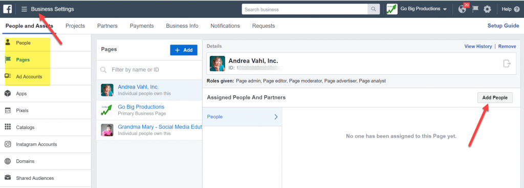 Facebook Business Settings assign assets