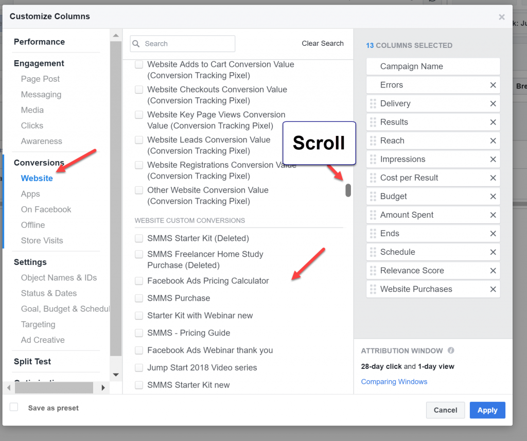 The Facebook Ads Pixel What Marketers Need To Know!    - customize facebook ad columns selection