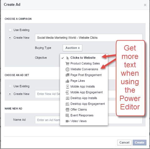 Website Clicks and Website Conversion ads in Power Editor