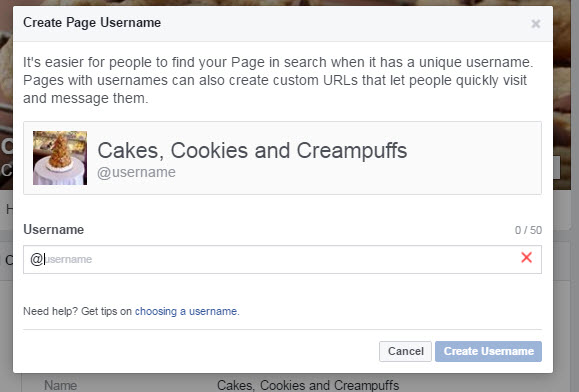 Create Page Username popup