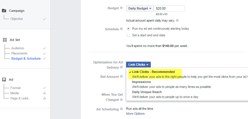 Facebook ads optimize for link clicks