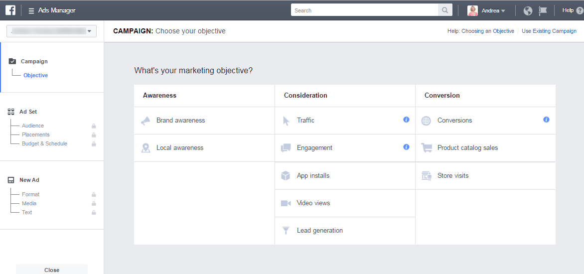 Facebook Ad Objectives choices