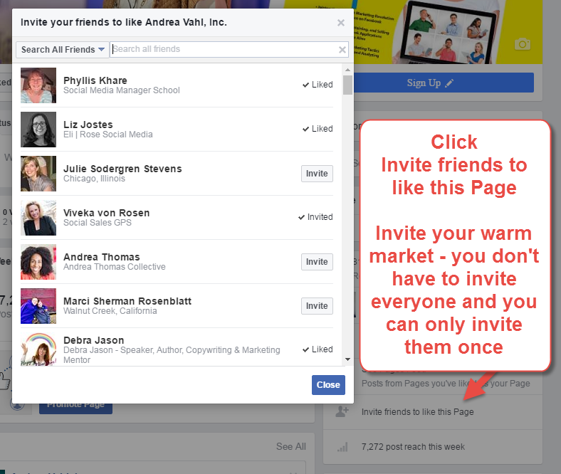 Invite your warm market to like your page