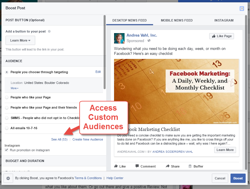 Access Custom Audiences from Facebook Boosted Post