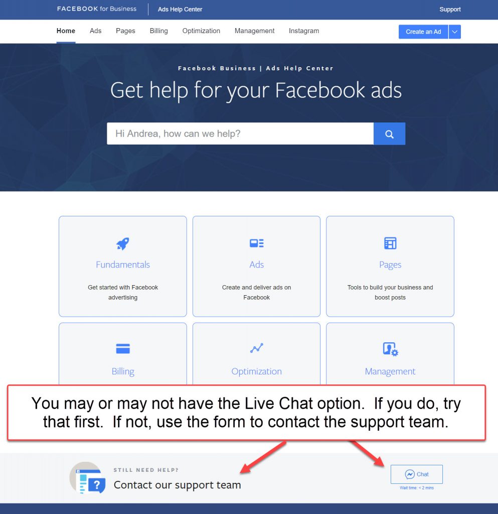 Facebook ads contact for support