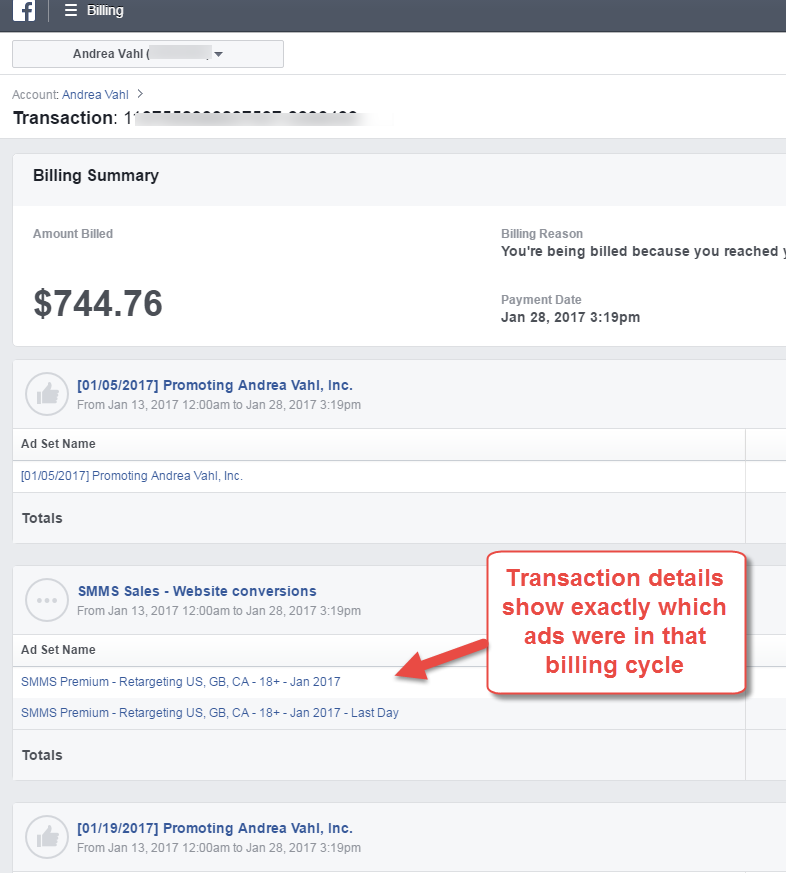 Facebook billing details