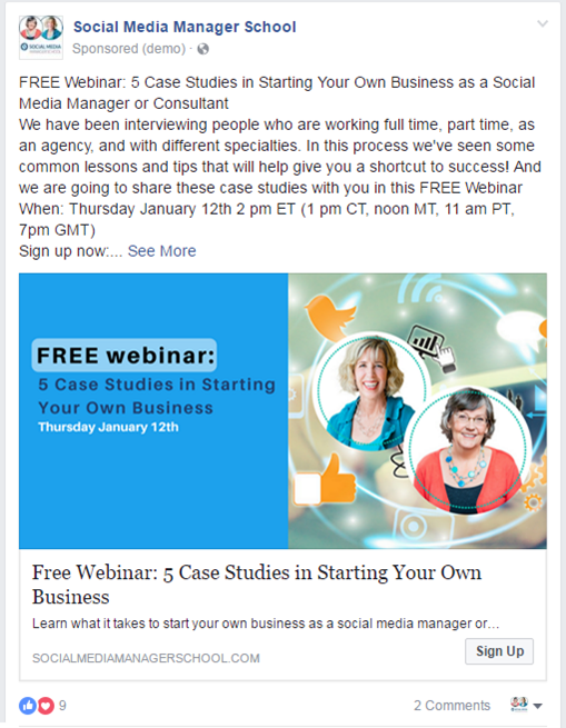 Facebook ad with Webinar