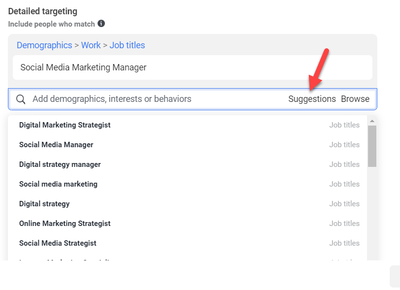Suggestions for job titles Facebook Ads
