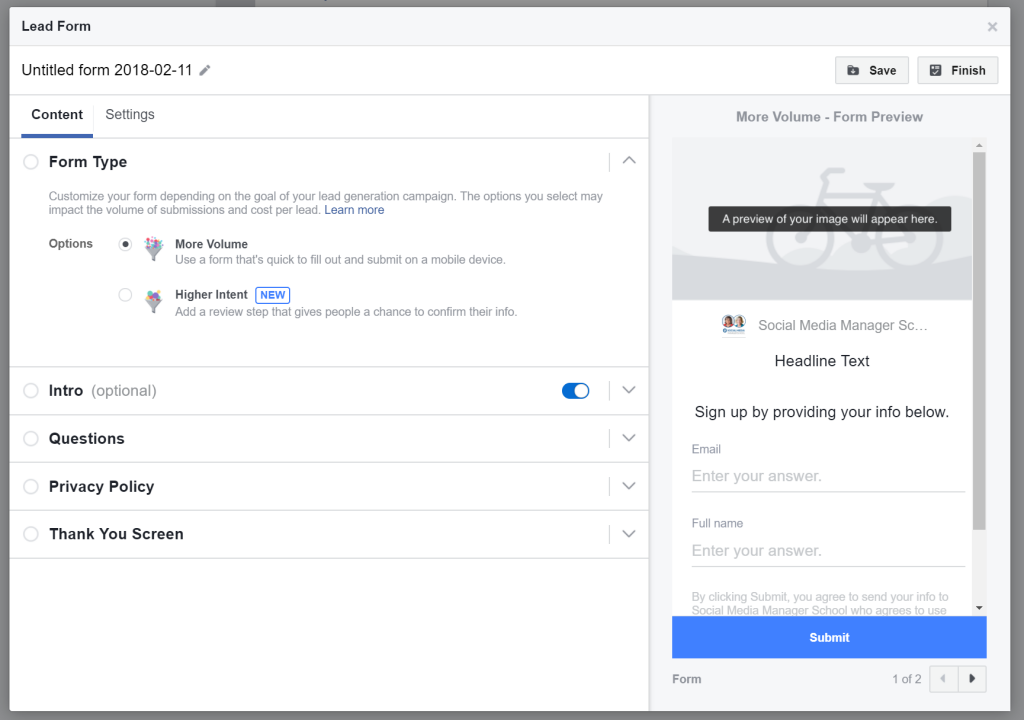 Facebook Lead form configuration