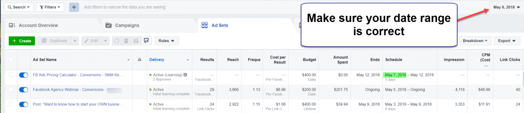 Choose the correct date range Facebook Ads