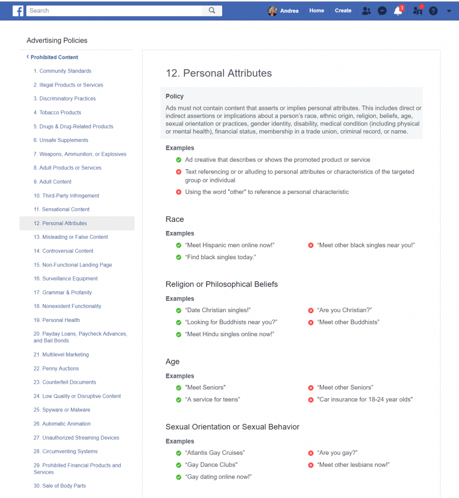 Facebook Ad policies Personal Attributes