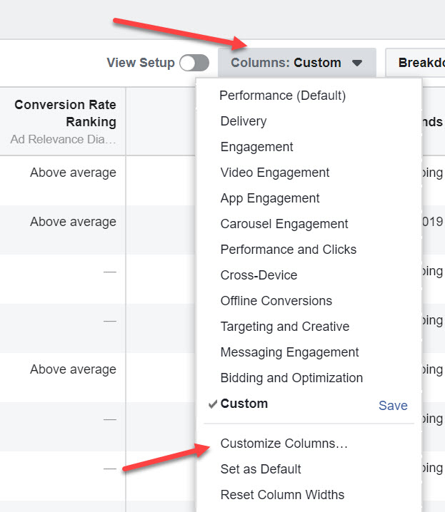 Customize Facebook Ad Report Columns