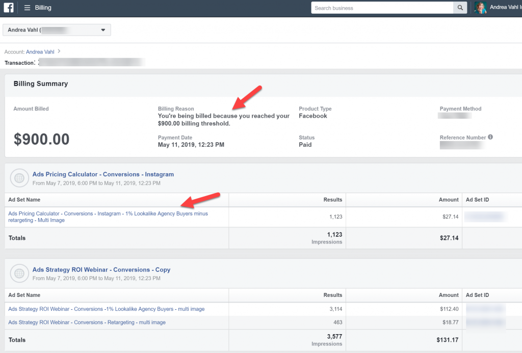 Facebook Ads Billing summary