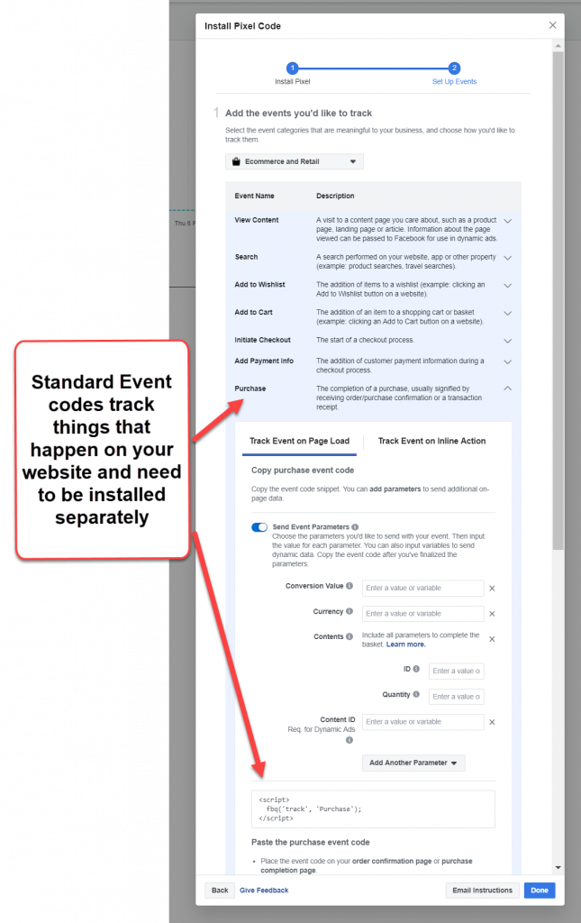 Facebook Standard Event codes