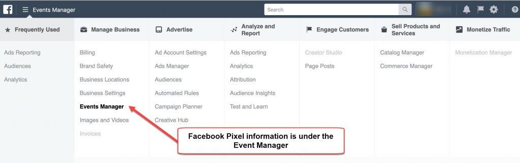 New Facebook Ads Manager menu