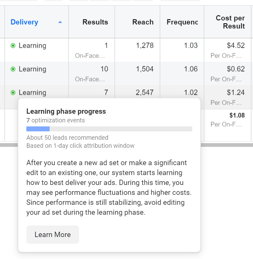 Facebook Learning Phase