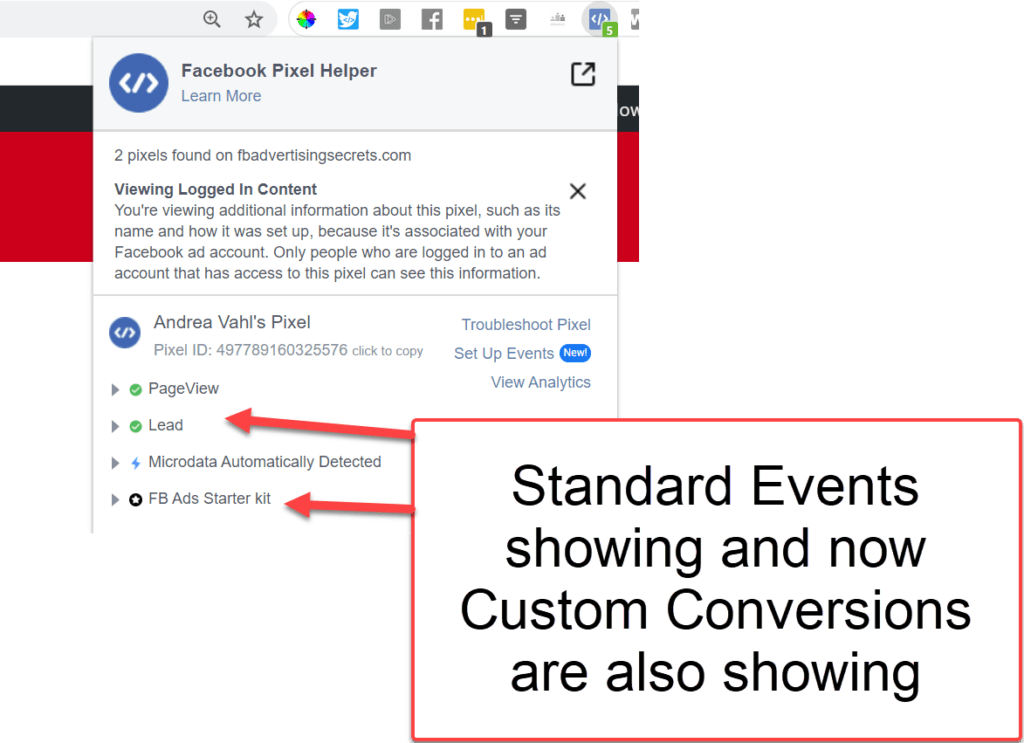 Facebook Pixel standard event and custom conversions