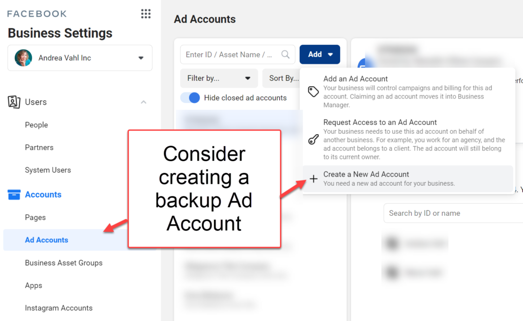 Creating a backup Facebook Ads Manager