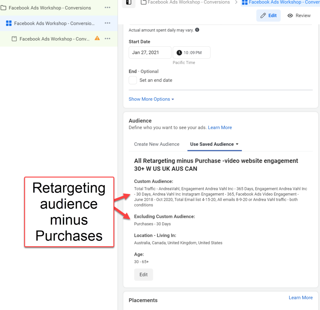 Retargeting Audience minus Purchases