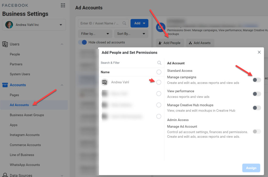 Assign people in your Business Manager to accounts