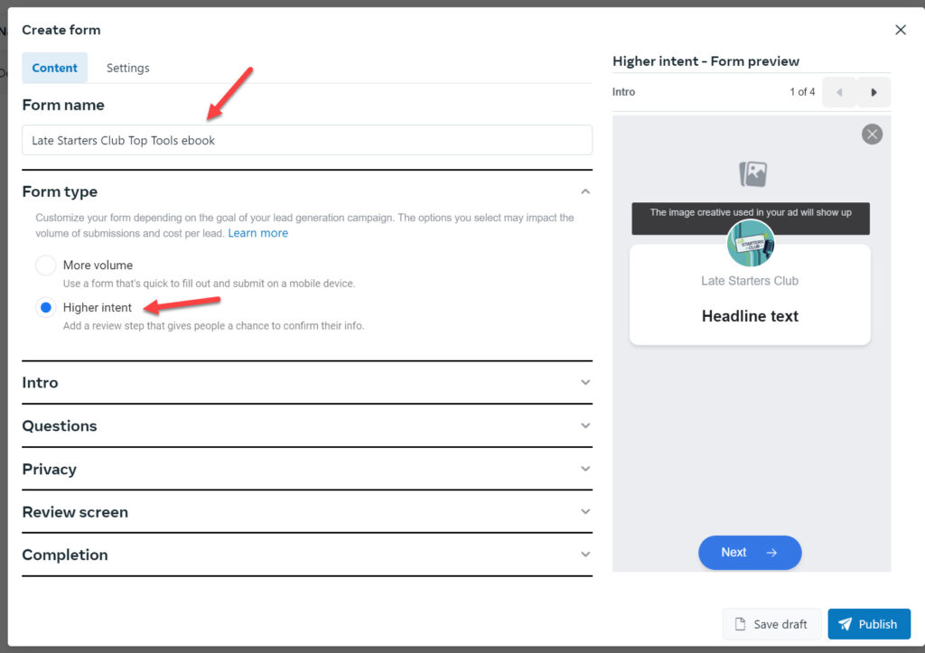 Higher Intent Facebook lead form