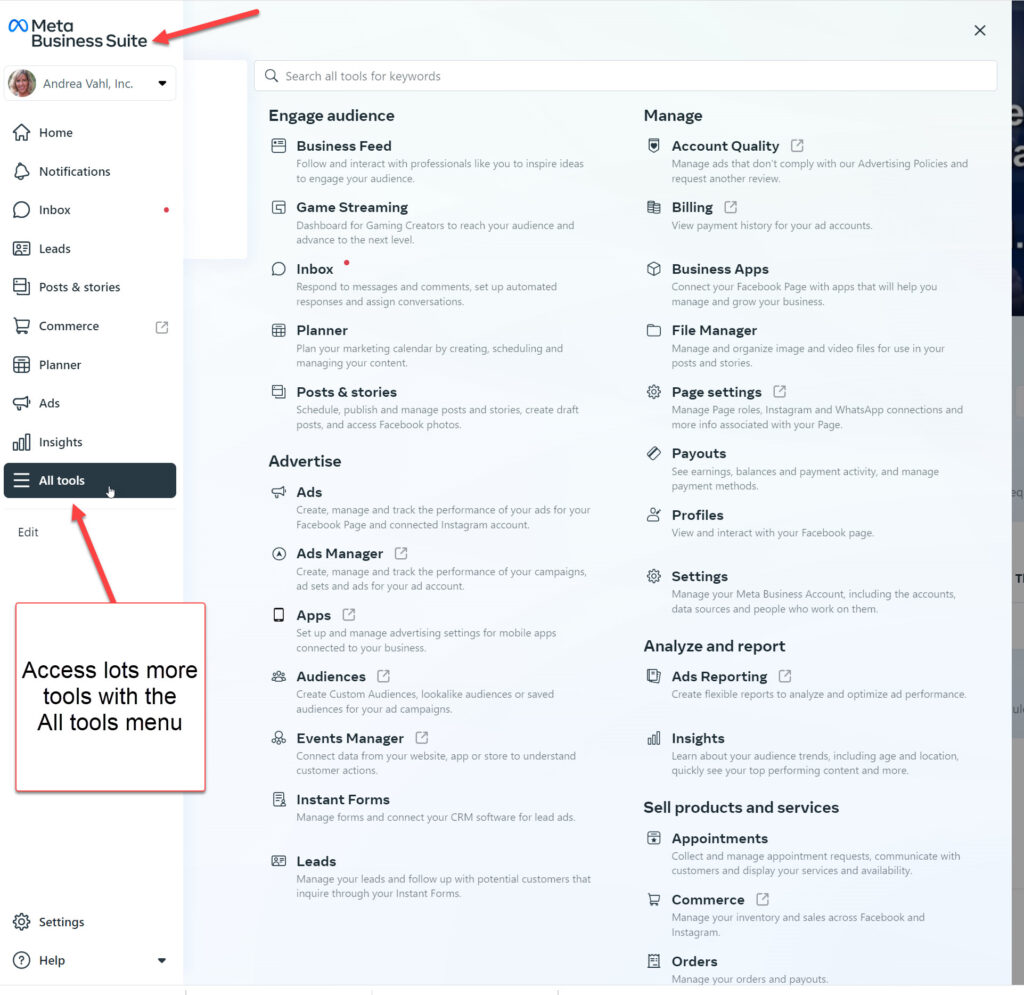 Meta Business Suite All Tools